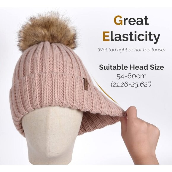 Women\'s Pink Winter Warm Knitted Beanie Faux Fur Pom Knit Skull Style Hat Cap main image 4